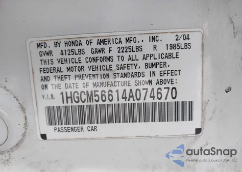 2004 Honda Accord 2.4 Ex z USA, uszkodzony, nr VIN 1HGCM56614A074670